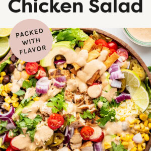 Southwest Chicken Salad drizzled with creamy sotuhwest dressing and full of toppings.