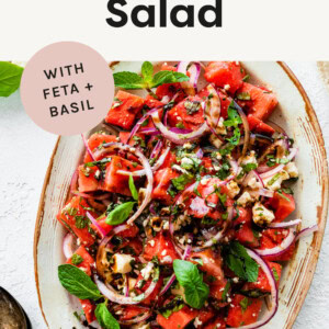Watermelon Salad with Feta and Basil on a serving platter.