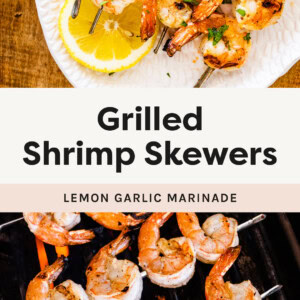 Grilled Shrimp Skewers with lemon on a platter. Another photo of the skewers on a grill.