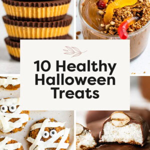 Collage of four photos: peanut butter cups, dirt pudding cups, mummy cookies and homemade almond joy bars.