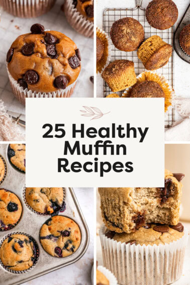 Collage of four muffin photos: protein muffins, sweet potato muffins, blueberry yogurt muffins and banana blender muffins.