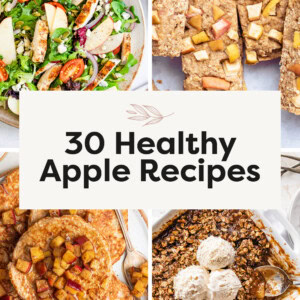 Collage of four photos: apple chicken salad, apple oatmeal bars, apple pancakes and apple crisp.