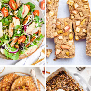 Collage of four photos: apple chicken salad, apple oatmeal bars, apple pancakes and apple crisp.