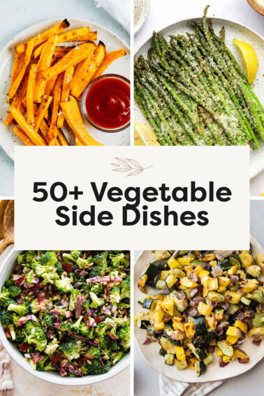 Four images: butternut squash fries, air fryer asparagus, broccoli salad and roasted squash and zucchini.