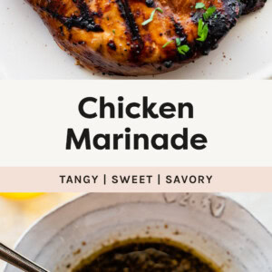 Photo of grilled marinated chicken breasts, and a photo of a spoon with a scoop of marinade from a bowl.