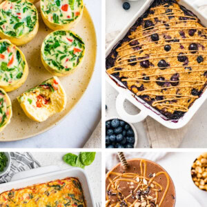 Collage of breakfast items: egg cups, protein baked oatmeal, hash brown casserole, chocolate protein smoothie.