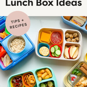 Five kid lunch boxed filled with different snacks, sandwiches, and fruits.