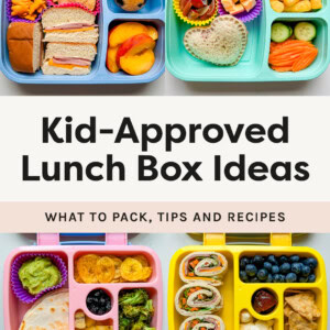 8 photos of different colorful kid lunch boxed filled with different snacks, sandwiches, and fruits.