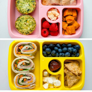 Three kid lunch boxes filled with different snacks, sandwiches, and fruits.