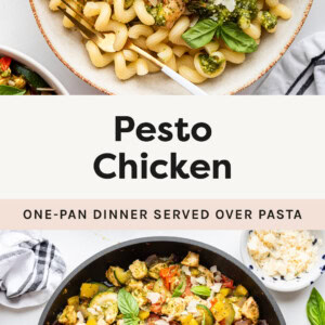 Photo of pesto chicken and veggies served over pasta. Photo of pesto chicken and veggies in a skillet.