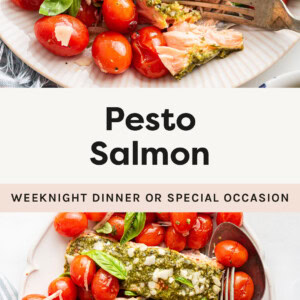 Pesto Salmon on a plate served with tomatoes and broccolini. Photo below of pieces or Pesto Salmon and roasted cherry tomatoes on a serving dish, garnished with cheese and basil.