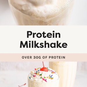 Photo of a spoon taking a bite from a Protein Milkshake. Photo below is of the milkshake in a glass topped with whipped cream, sprinkles and a cherry.