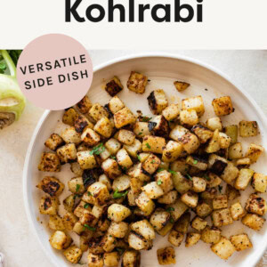 Roasted Kohlrabi cubes on a plate.