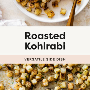 Roasted Kohlrabi cubes on a plate with a spoon, and a photo of the Roasted Kohlrabi on a sheet pan with a spatula