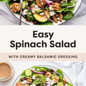 Two photos showing a spinach salad topped with avocado, walnuts, onions, cranberries, cucumber and creamy balsamic.