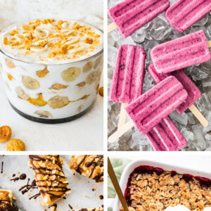 Collage of four photos: banana pudding, Greek yogurt popsicles, frozen banana snickers and a cherry crisp.