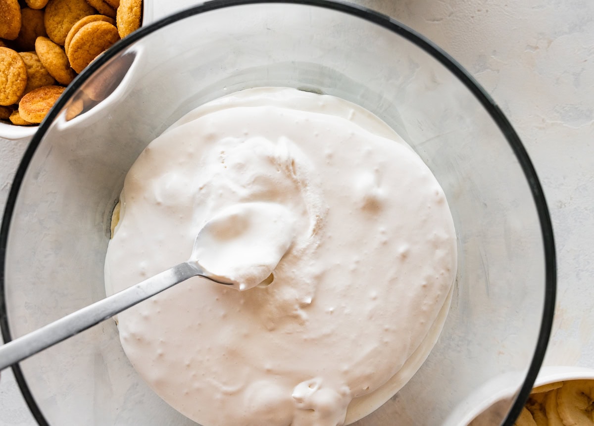 Layers of vanilla yogurt and coco whip in a glass trifle dish with a metal spoon.