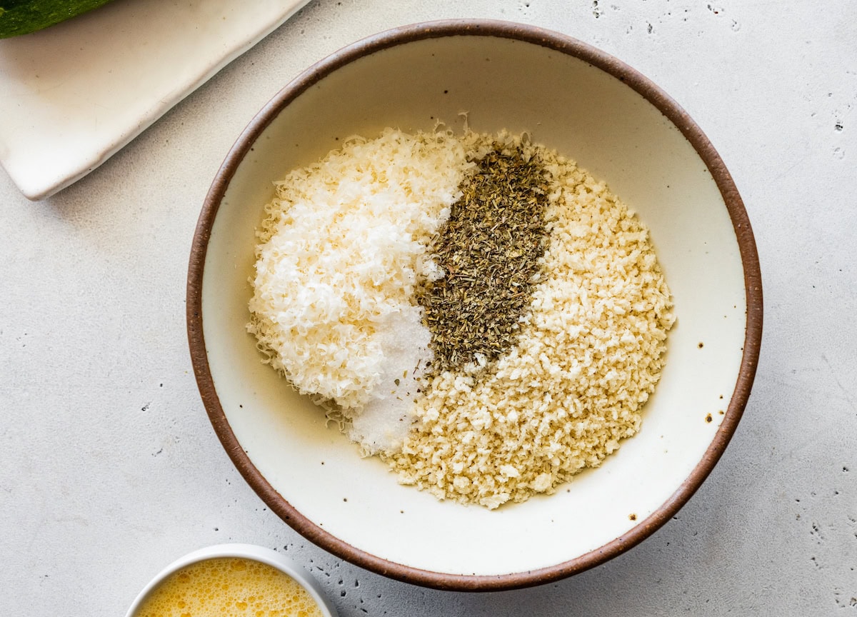Bread crumbs, parmesan cheese, and Italian seasoning in a large mixing bowl.