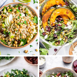 Photo collage of a pear barley salad, harvest salad, sweet kale salad and beet salad.