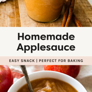 Homemade Applesauce in a jar and a photo of it in a bowl with a spoon.