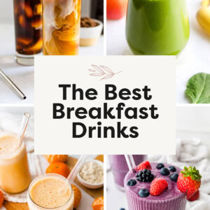 Collage of four photos: cold brew, vegan protein shake, clementine smoothie and a green smoothie.