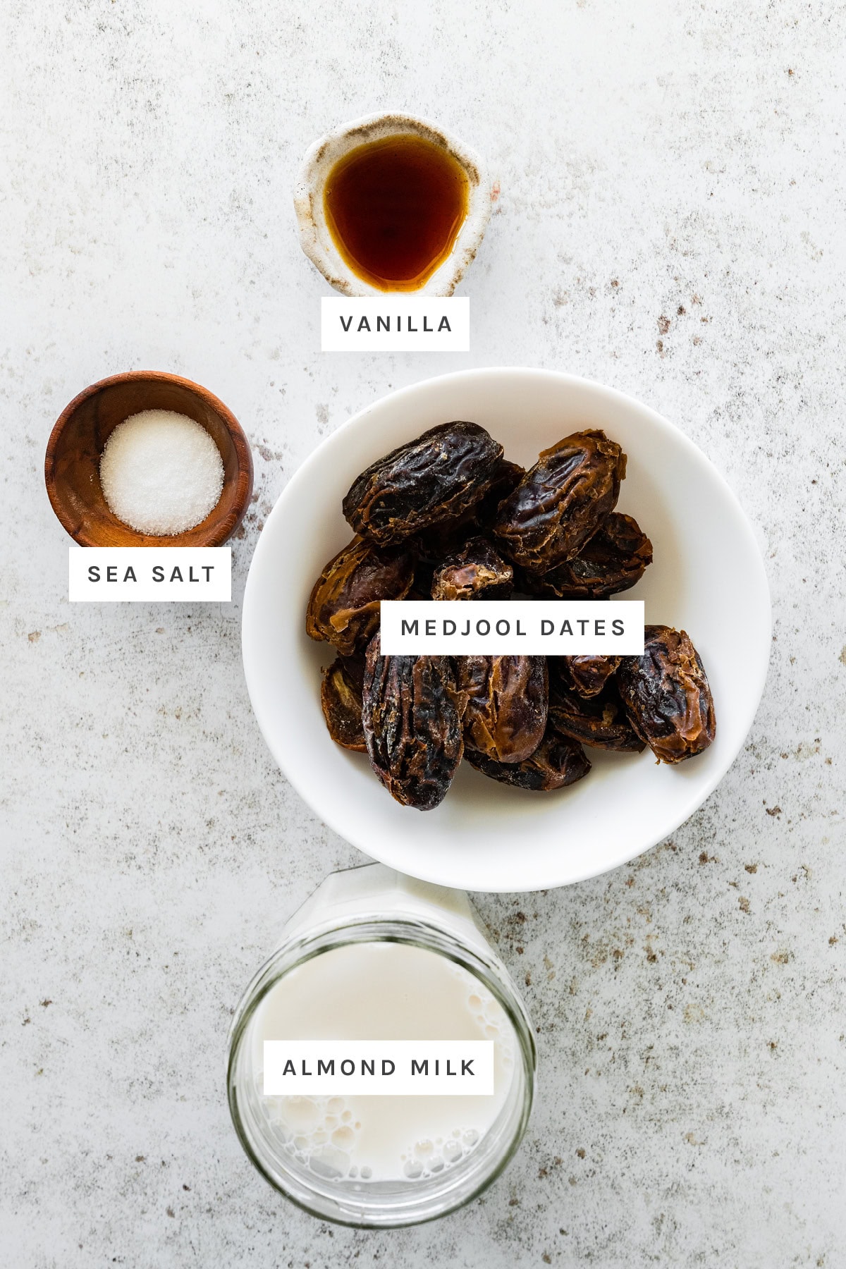 Ingredients for date caramel include: vanilla, sea salt, almond milk, and medjool dates.