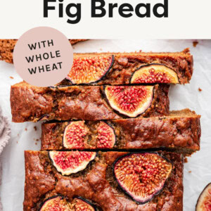 Healthy Fig Bread with slices cut, and halved figs baked on the top.