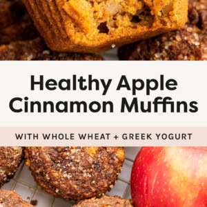 Two photos of Healthy Apple Cinnamon Muffins next to an apple. Photo shows the cinnamon sugar muffin topping and bites taken out of a couple of the muffins.