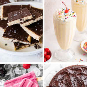 Collage of four photos: cookie dough bark, protein milkshake, Greek yogurt popsicles and chocolate protein cake.