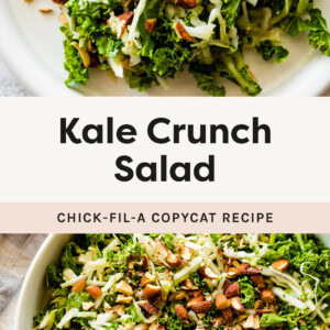 Photo of kale salad topped with almonds on a salad plate with a fork, and a photo of the salad in a serving bowl.