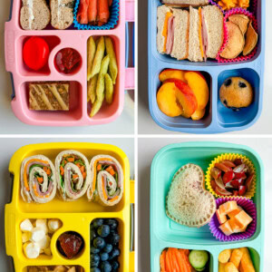 Four bento style kid's lunch boxes filled with different snacks, sandwiches and fruits.
