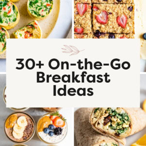 Collage of egg bites, oatmeal bars, overnight oats and an egg breakfast wrap.