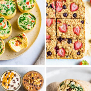 Collage of egg bites, oatmeal bars, overnight oats and an egg breakfast wrap.