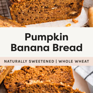 Photos of Pumpkin Banana Bread topped with nuts, showing slices of the Pumpkin Banana Bread as well.