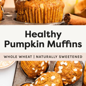 Photo of two Healthy Pumpkin Muffins stacked, the top one has a bite taken out of it. Photo below is of Healthy Pumpkin Muffins in a muffin tin.