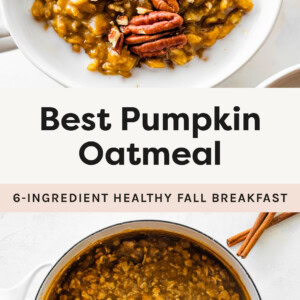 Photo of pumpkin oatmeal in a bowl topped with pecans and milk. Photo below is of pumpkin oatmeal in a pot.