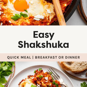 Shakshuka in a skillet-- veggies topped with sunny-side-up eggs. Photo of a serving of the shakshuka on a plate with a slice of bread.