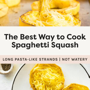 Fork with a bite of long spaghetti squash strands. Photo of spaghetti squash rings on a plate.