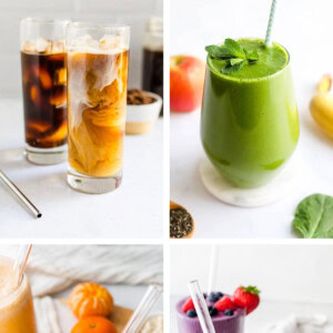 Collage of four photos: cold brew, vegan protein shake, clementine smoothie and a green smoothie.