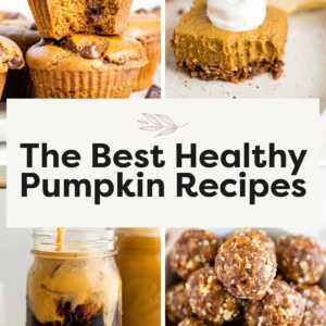 Collage of photos: pumpkin muffins, pumpkin pie bar, pumpkin cream cold brew and pumpkin energy balls.