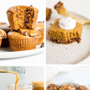 Collage of photos: pumpkin muffins, pumpkin pie bar, pumpkin cream cold brew and pumpkin energy balls.