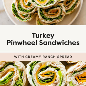 Turkey Pinwheel Sandwiches on a plate, and a close up photo so you can see the turkey, cheese, ranch spread and lettuce inside the wrap.