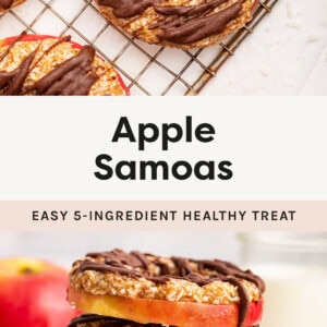 Photo of an Apple Samoa on a wire rack, and a photo of the Apple Samoas stacked.