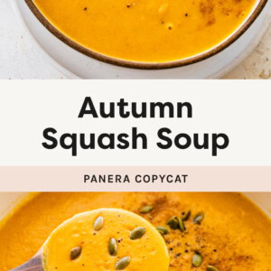 Autumn Squash Soup in a bowl topped with pepitas, pepper and cinnamon. Photo below is of a pot of the soup with a ladle in it.