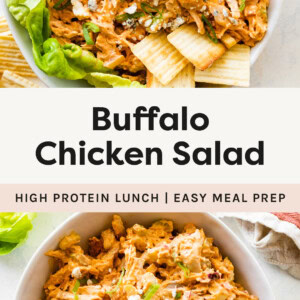 Two photos of Buffalo Chicken Salad served in a bowl with lettuce, crackers, blue cheese, carrots and celery.
