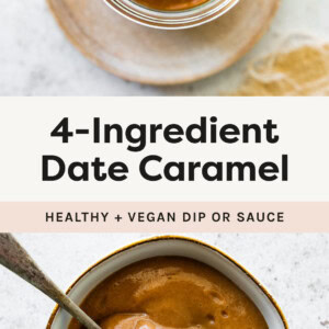 Two photos of a jar and a small bowl with the date caramel and a spoon in the caramel.
