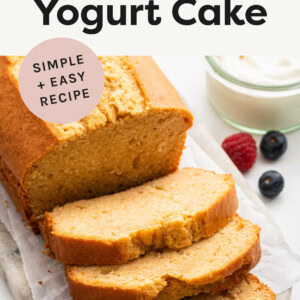 Loaf of French Yogurt Cake with a few slices cut from it.