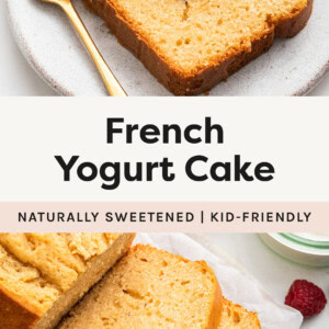 Slice of French Yogurt Cake on a plate, topped with whipped cream and berries. Photo below of slices of the cake from a loaf.