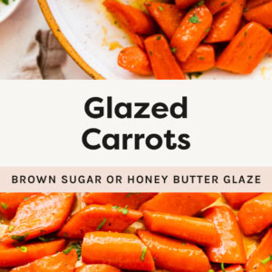 Spoon with Glazed Carrots from a serving bowl, and a photo of the carrots on a pan.