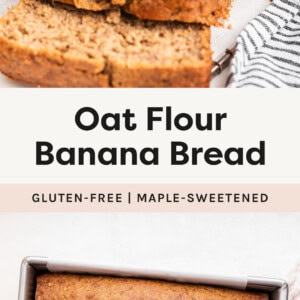 Oat Flour Banana Bread cut into slices and a photo of the bread in a pan.